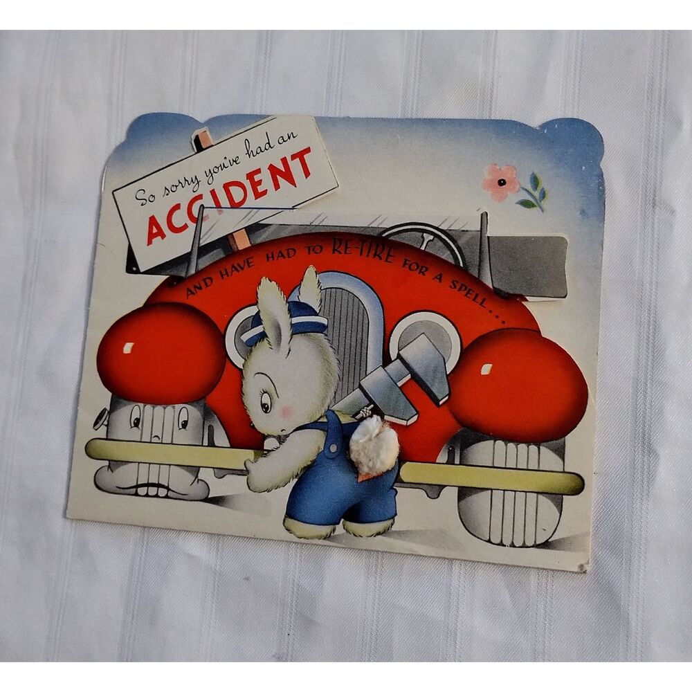 Vintage Forget-Me-Not Get Well Card Bunny Mechanic Fixing Car Fuzzy Tail T-6625